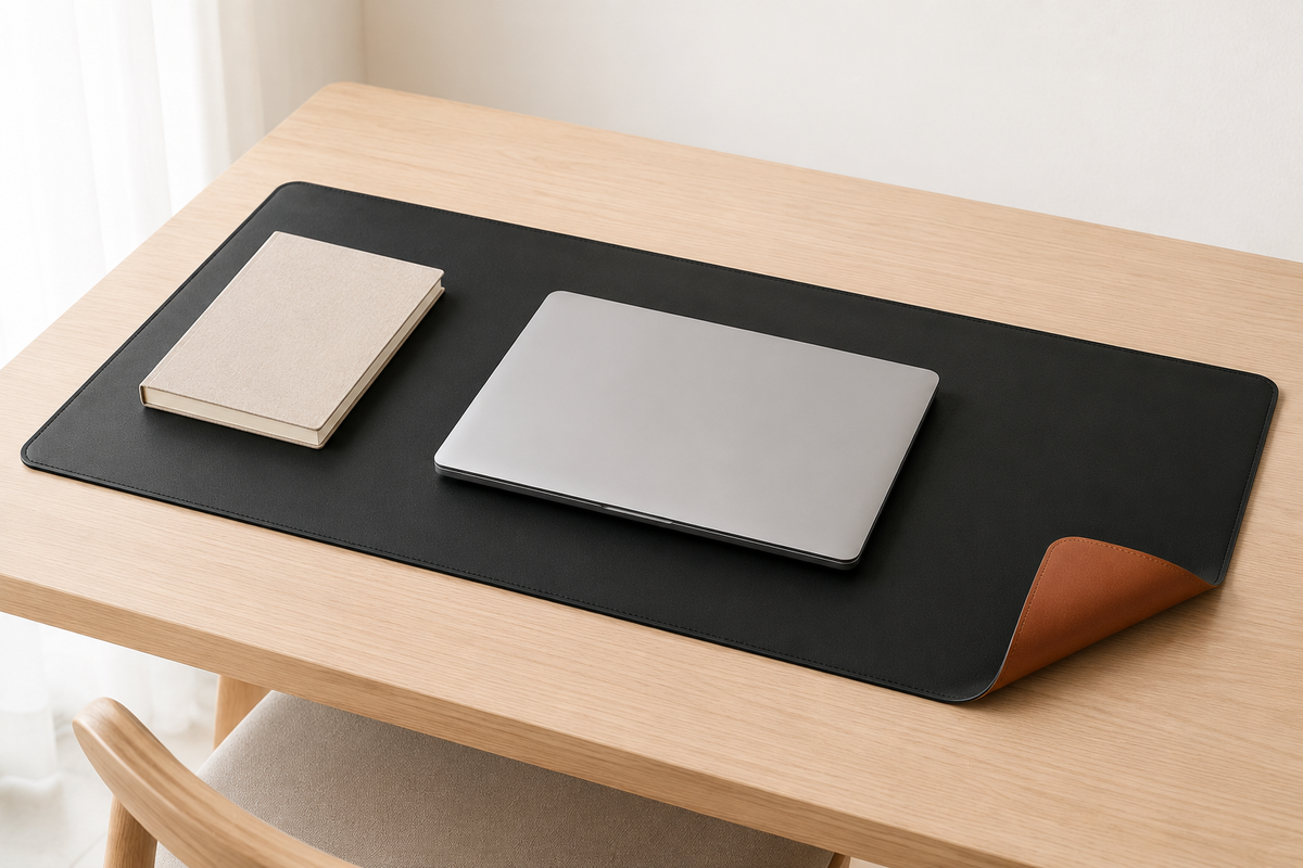 Caleesa 01 desk mat in technical leather on a light wood desk.