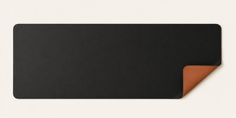 Caleesa 01 reversible desk mat in technical leather, black side, on a plain background.